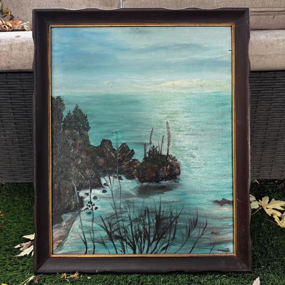 VTG Coastal Seascape Oil Painting on Canvas Custom Framed Ocean Signed Art Wall - Picture 1 of 10